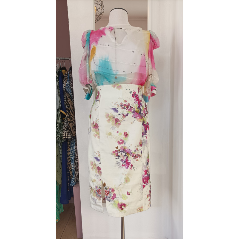 Jupe crayon en coton imprimé fleuri et broderie