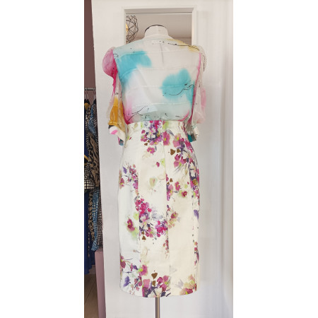 Jupe crayon en coton imprimé fleuri et broderie